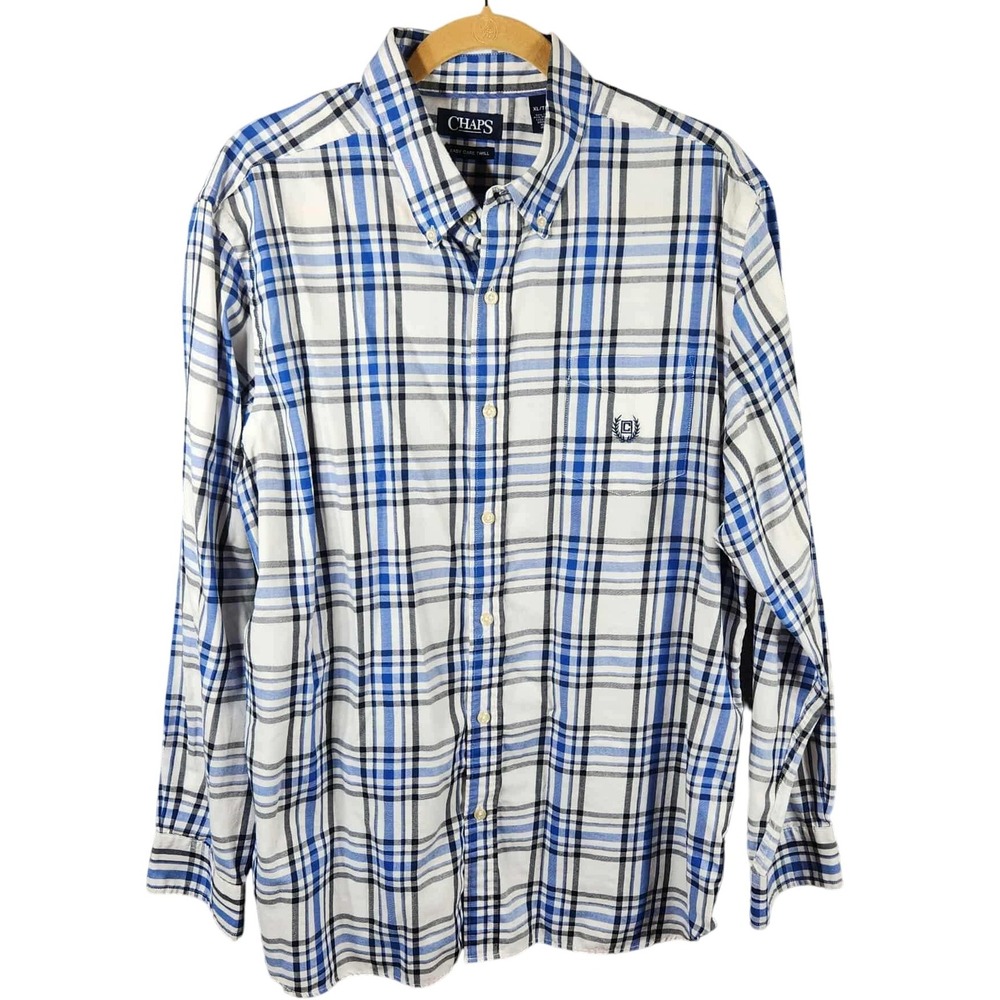 Chaps Easy Care Twill Long‎ Sleeve Plaid Button Down Shirt - White Blue Mens XL